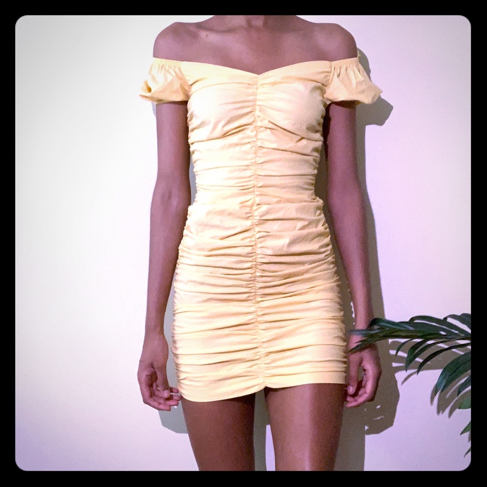 Zara yellow ruched mini dress